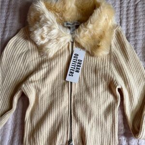 Urban Outfitters Tan Ribbed Cropped Top with Faux Fur Collar